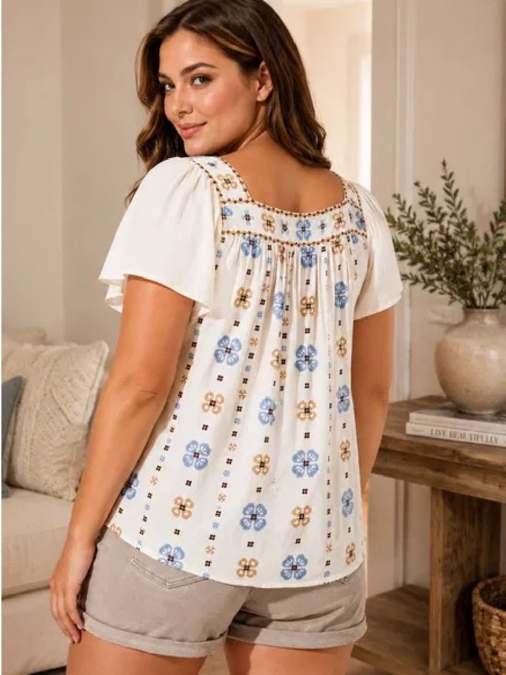 Torrid Embroidered Floral Linen Blend Button-Front Square Neck Top Size 1